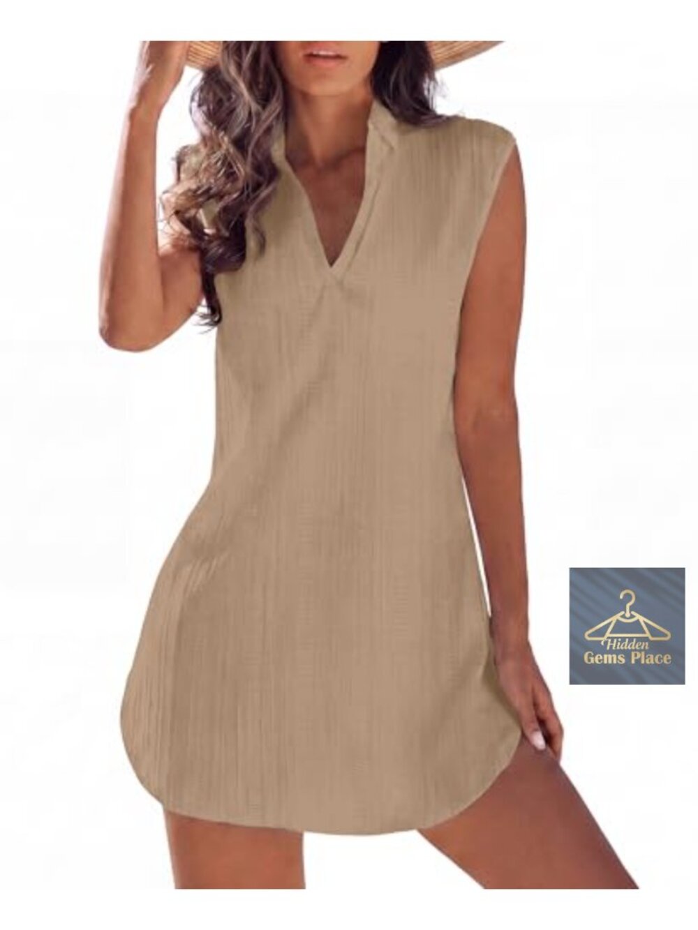 Sleeveless V-Neck Swim Cover Up Loose Beach Dress Bathing Suit Coverup